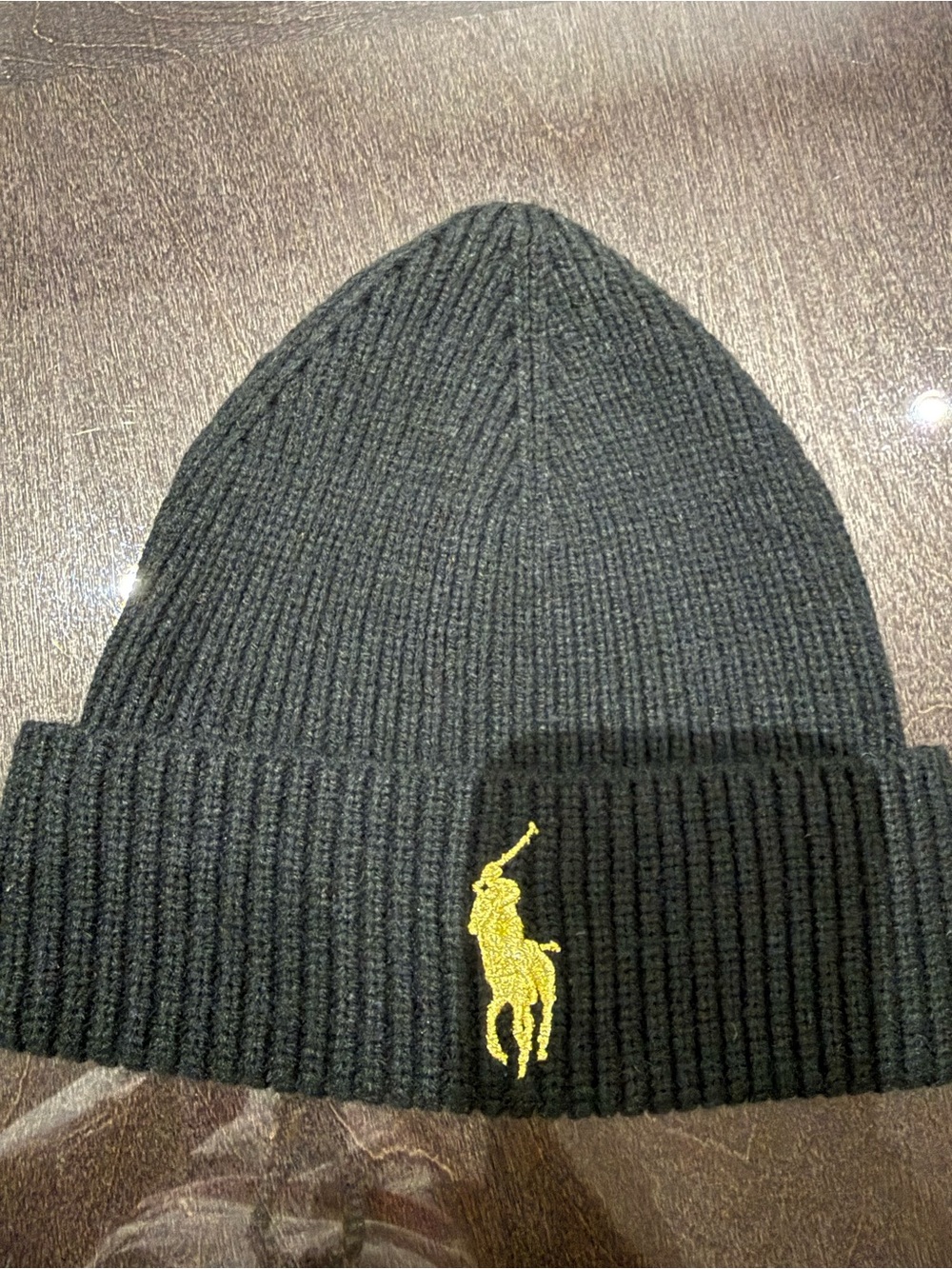 Ralph Lauren Black Ribbed Beanie with Yellow Pony